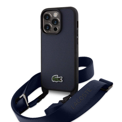 iPhone 15 Pro Kılıf Lacoste Orjinal Lisanslı PU Pike Desenli Arka Yüzey Askılı İkonik Timsah Dokuma Logolu Kapak