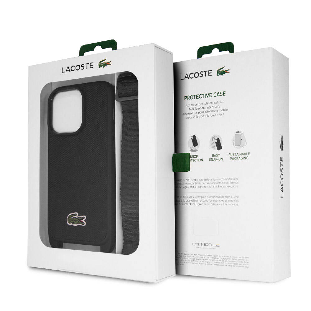 iPhone 15 Pro Kılıf Lacoste Orjinal Lisanslı PU Pike Desenli Arka Yüzey Askılı İkonik Timsah Dokuma Logolu Kapak