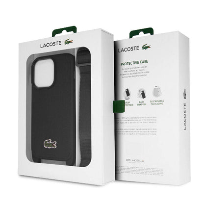 iPhone 15 Pro Kılıf Lacoste Orjinal Lisanslı PU Pike Desenli Arka Yüzey Askılı İkonik Timsah Dokuma Logolu Kapak