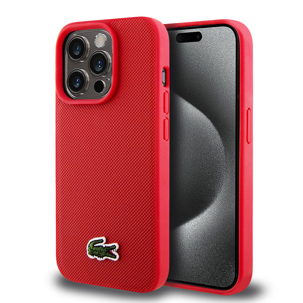 iPhone 15 Pro Kılıf Lacoste Orjinal Lisanslı PU Pike Desenli Arka Yüzey İkonik Timsah Dokuma Logolu Kapak