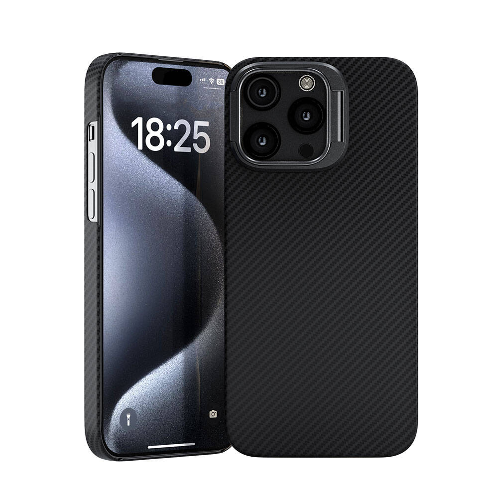 Apple iPhone 15 Pro Kılıf M-safe Şarj Özellikli 600D Zore Krek Karbon Standlı Kapak