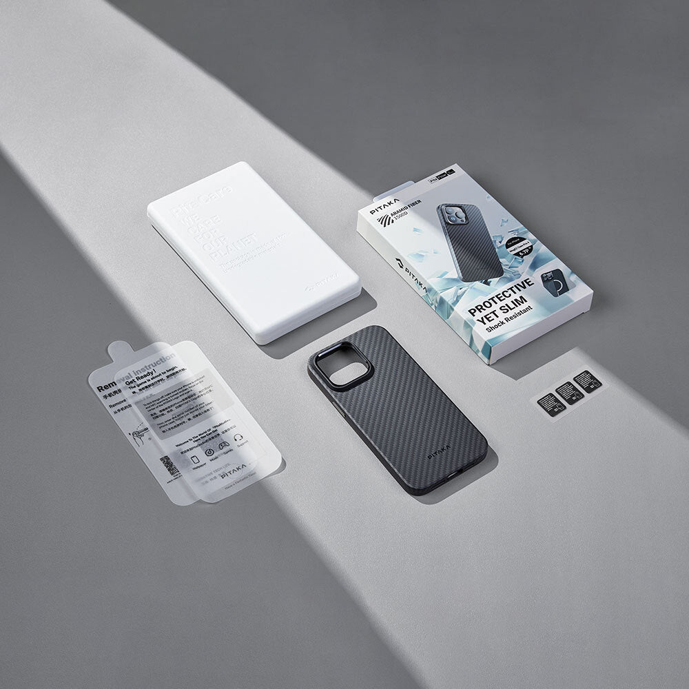 iPhone 15 Pro Kılıf M-safe Şarj Özellikli 1500D Aramid Fiber Pitaka Military-Grade Classic Serisi Black-Grey Twill Kapak