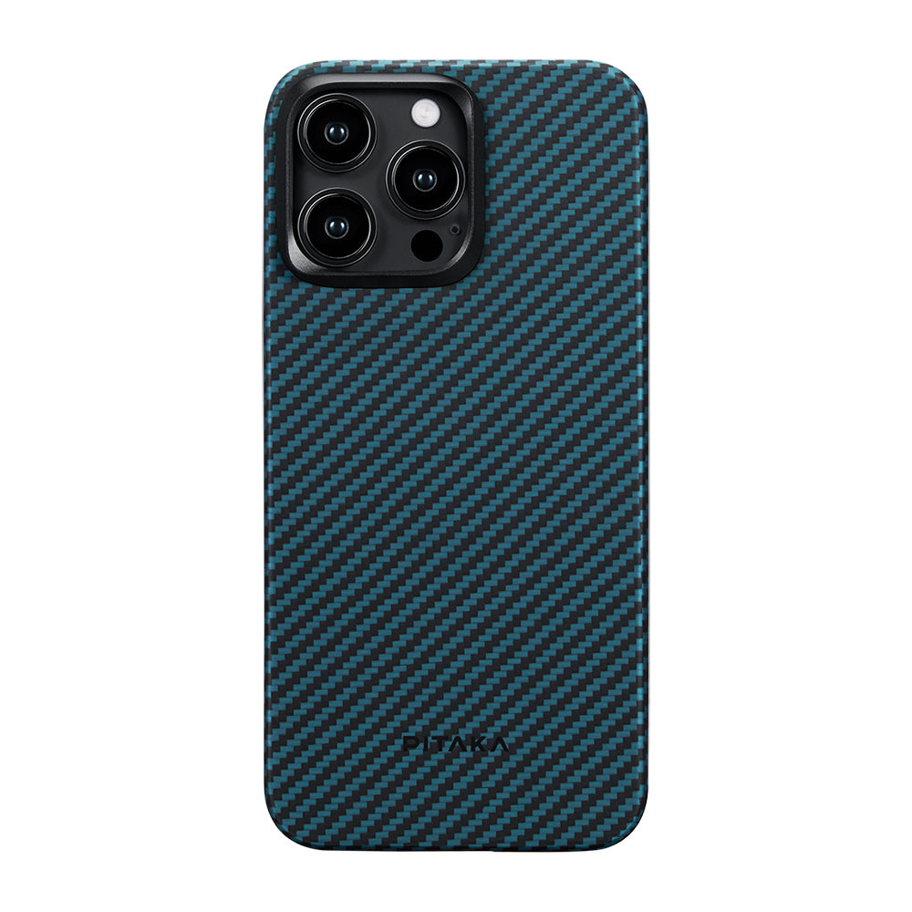 iPhone 15 Pro Kılıf M-safe Şarj Özellikli 1500D Aramid Fiber Pitaka Ultra-Slim Classic Serisi Black-Blue Twill Kapak