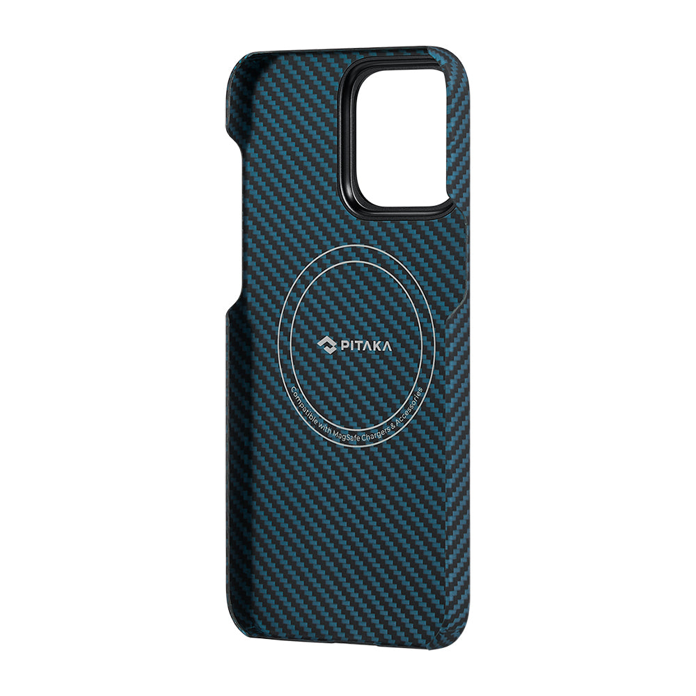 iPhone 15 Pro Kılıf M-safe Şarj Özellikli 1500D Aramid Fiber Pitaka Ultra-Slim Classic Serisi Black-Blue Twill Kapak
