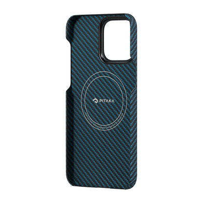 iPhone 15 Pro Kılıf M-safe Şarj Özellikli 1500D Aramid Fiber Pitaka Ultra-Slim Classic Serisi Black-Blue Twill Kapak