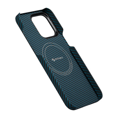 iPhone 15 Pro Kılıf M-safe Şarj Özellikli 1500D Aramid Fiber Pitaka Ultra-Slim Classic Serisi Black-Blue Twill Kapak