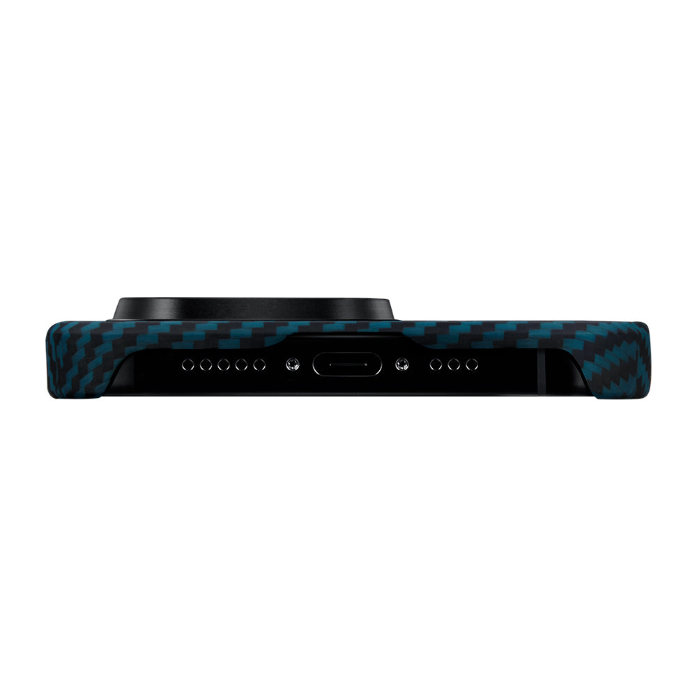 iPhone 15 Pro Kılıf M-safe Şarj Özellikli 1500D Aramid Fiber Pitaka Ultra-Slim Classic Serisi Black-Blue Twill Kapak