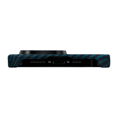 iPhone 15 Pro Kılıf M-safe Şarj Özellikli 1500D Aramid Fiber Pitaka Ultra-Slim Classic Serisi Black-Blue Twill Kapak