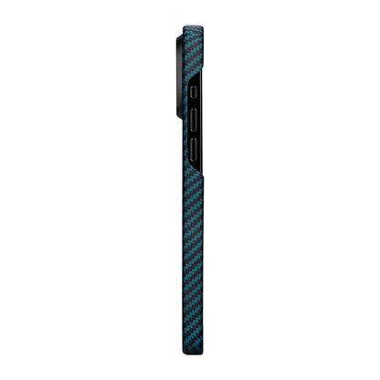 iPhone 15 Pro Kılıf M-safe Şarj Özellikli 1500D Aramid Fiber Pitaka Ultra-Slim Classic Serisi Black-Blue Twill Kapak