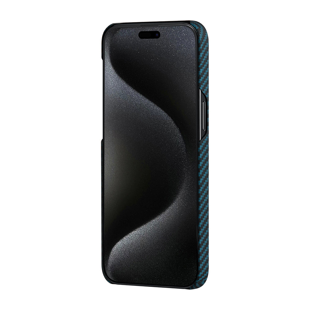 iPhone 15 Pro Kılıf M-safe Şarj Özellikli 1500D Aramid Fiber Pitaka Ultra-Slim Classic Serisi Black-Blue Twill Kapak