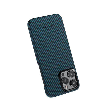 iPhone 15 Pro Kılıf M-safe Şarj Özellikli 1500D Aramid Fiber Pitaka Ultra-Slim Classic Serisi Black-Blue Twill Kapak