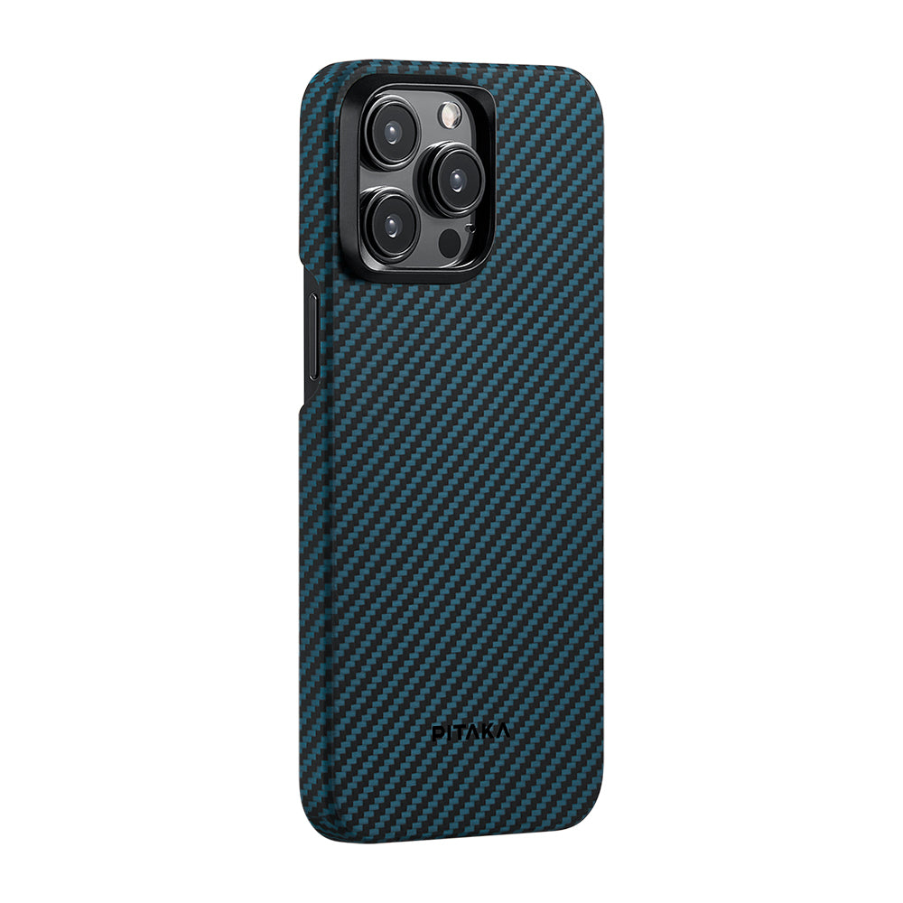 iPhone 15 Pro Kılıf M-safe Şarj Özellikli 1500D Aramid Fiber Pitaka Ultra-Slim Classic Serisi Black-Blue Twill Kapak