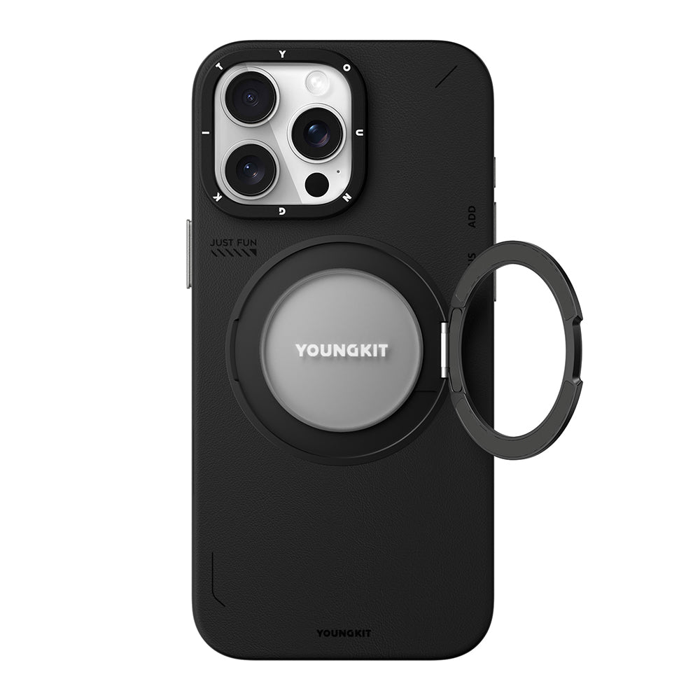 iPhone 15 Pro Kılıf M-safe Şarj Özellikli 360° Standlı Basit Mat Deri Desenli Youngkit Tech Leather Serisi Kapak