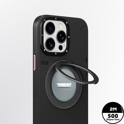 iPhone 15 Pro Kılıf M-safe Şarj Özellikli 360° Standlı Basit Mat Deri Desenli Youngkit Tech Leather Serisi Kapak