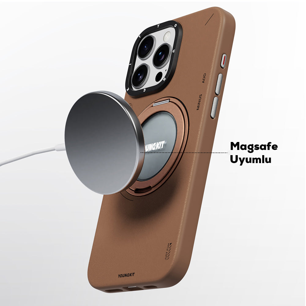 iPhone 15 Pro Kılıf M-safe Şarj Özellikli 360° Standlı Basit Mat Deri Desenli Youngkit Tech Leather Serisi Kapak