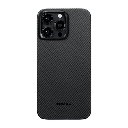 iPhone 15 Pro Kılıf M-safe Şarj Özellikli 600D Aramid Fiber Pitaka Ultra-Slim Classic Serisi Black-Grey Twill Kapak