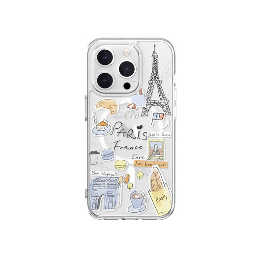 iPhone 15 Pro Kılıf M-safe Şarj Özellikli Çizim Desenli Şok Önleyicili Şeffaf Lisanslı Switcheasy City-M Paris Kapak