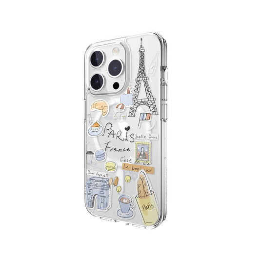 iPhone 15 Pro Kılıf M-safe Şarj Özellikli Çizim Desenli Şok Önleyicili Şeffaf Lisanslı Switcheasy City-M Paris Kapak