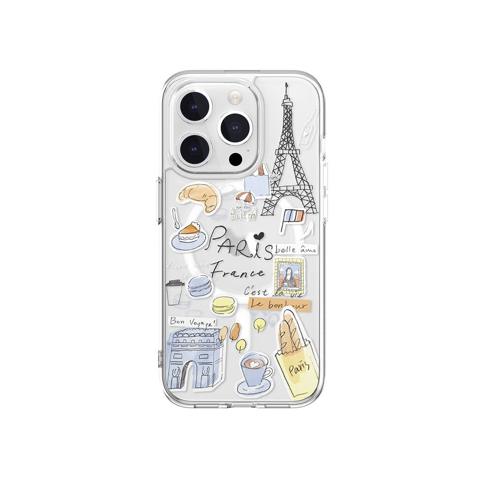 iPhone 15 Pro Kılıf M-safe Şarj Özellikli Çizim Desenli Şok Önleyicili Şeffaf Lisanslı Switcheasy City-M Paris Kapak