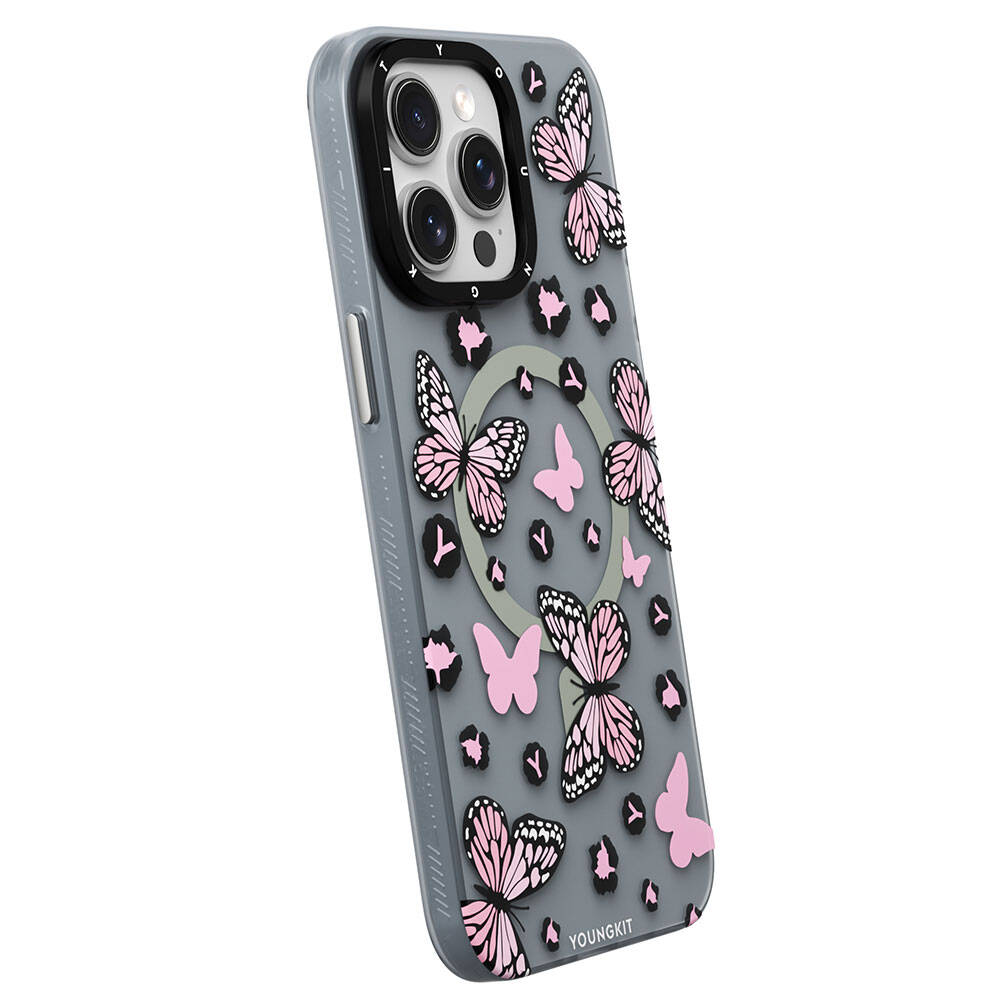 iPhone 15 Pro Kılıf M-safe Şarj Özellikli Kelebek Desenli Youngkit Shadow Dance Serisi Kapak