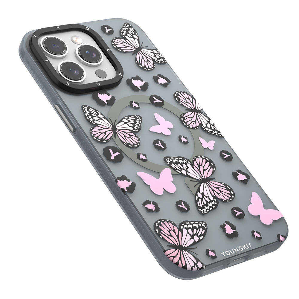 iPhone 15 Pro Kılıf M-safe Şarj Özellikli Kelebek Desenli Youngkit Shadow Dance Serisi Kapak