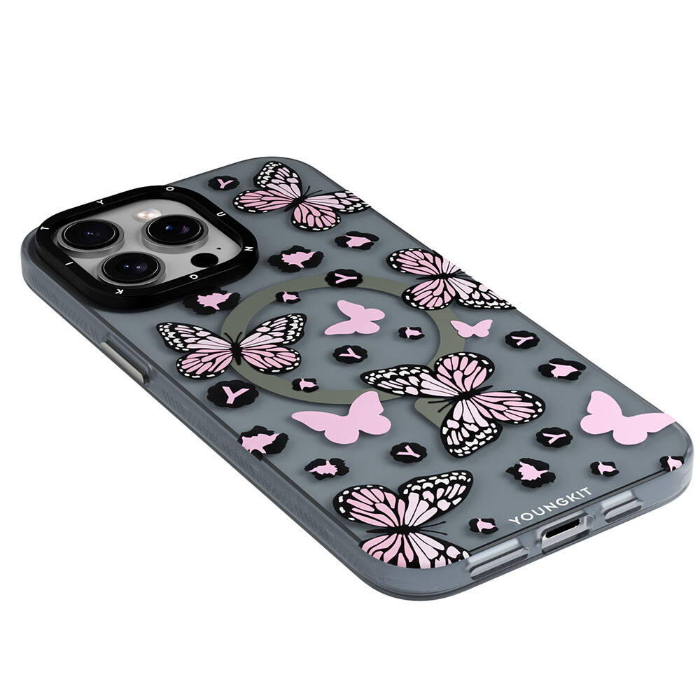 iPhone 15 Pro Kılıf M-safe Şarj Özellikli Kelebek Desenli Youngkit Shadow Dance Serisi Kapak