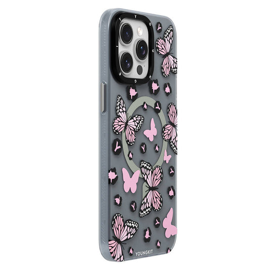 iPhone 15 Pro Kılıf M-safe Şarj Özellikli Kelebek Desenli Youngkit Shadow Dance Serisi Kapak