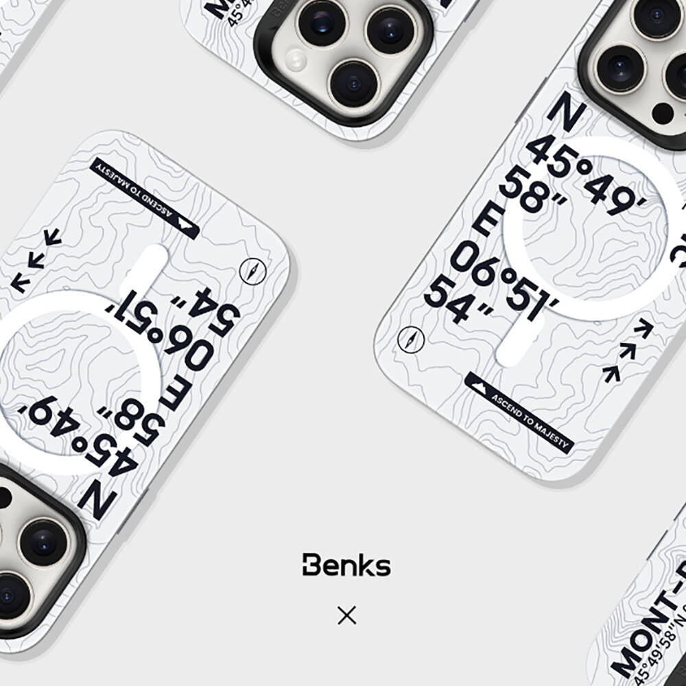iPhone 15 Pro Kılıf M-safe Şarj Özellikli Koordinat Yazı Desenli Benks Summit Serisi Kapak