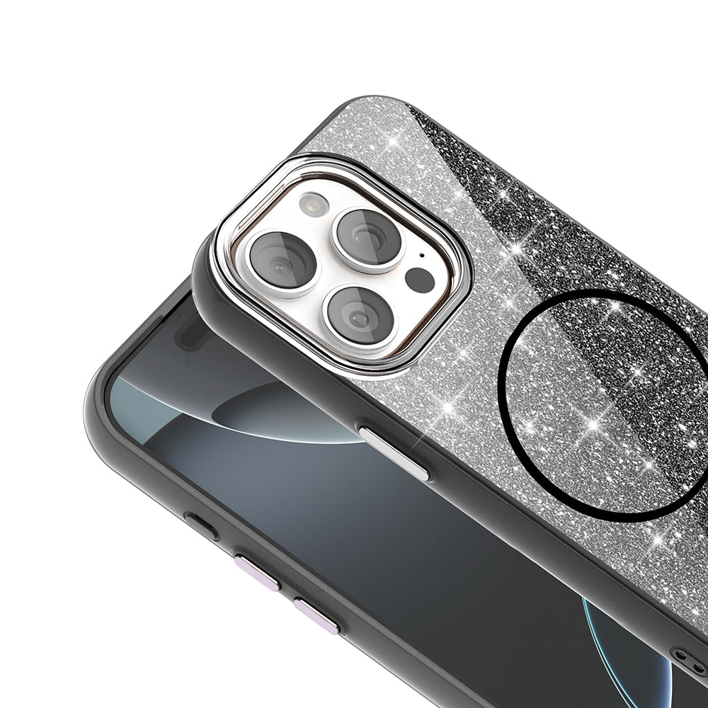 Apple iPhone 15 Pro Kılıf M-safe Şarj Özellikli Parlayan Simli Zore Okso Kapak