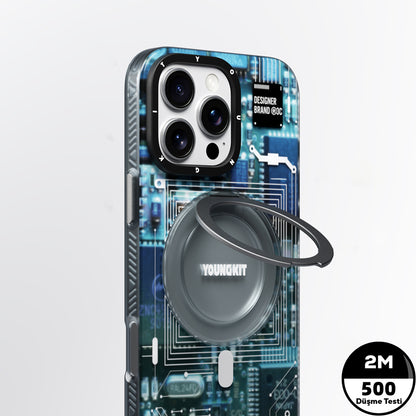 iPhone 15 Pro Kılıf M-safe Şarj Özellikli Youngkit 360° Standlı Technology Serisi Kapak