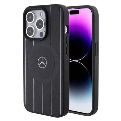 iPhone 15 Pro Kılıf Mercedes Benz Orjinal Lisanslı M-safe Şarj Özellikli Baskı Logolu Paralel Çizgi Desenli Deri Kapak