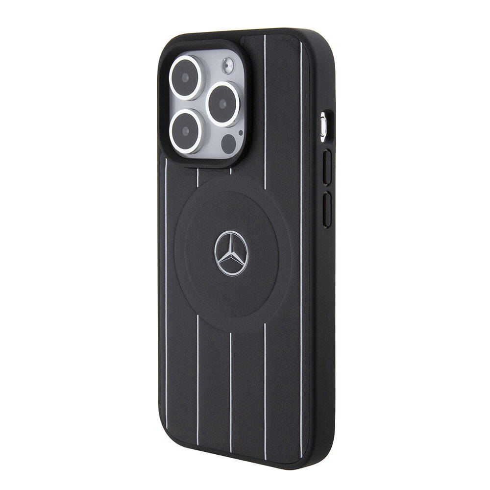 iPhone 15 Pro Kılıf Mercedes Benz Orjinal Lisanslı M-safe Şarj Özellikli Baskı Logolu Paralel Çizgi Desenli Deri Kapak