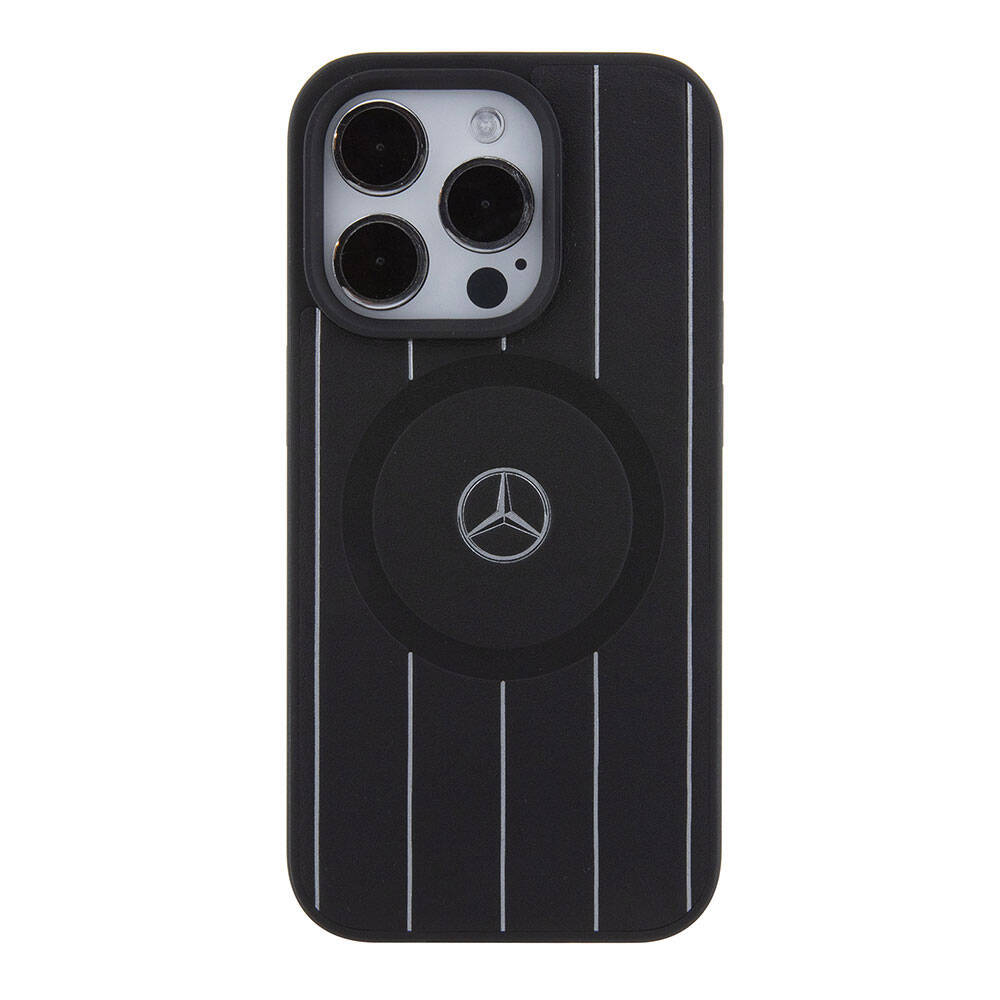 iPhone 15 Pro Kılıf Mercedes Benz Orjinal Lisanslı M-safe Şarj Özellikli Baskı Logolu Paralel Çizgi Desenli Deri Kapak