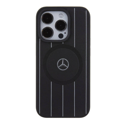 iPhone 15 Pro Kılıf Mercedes Benz Orjinal Lisanslı M-safe Şarj Özellikli Baskı Logolu Paralel Çizgi Desenli Deri Kapak