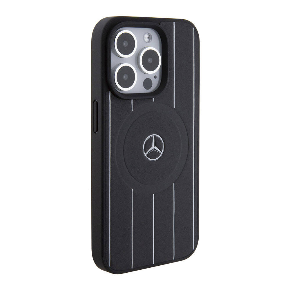 iPhone 15 Pro Kılıf Mercedes Benz Orjinal Lisanslı M-safe Şarj Özellikli Baskı Logolu Paralel Çizgi Desenli Deri Kapak