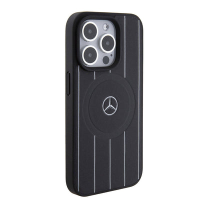 iPhone 15 Pro Kılıf Mercedes Benz Orjinal Lisanslı M-safe Şarj Özellikli Baskı Logolu Paralel Çizgi Desenli Deri Kapak