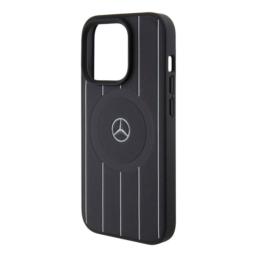 iPhone 15 Pro Kılıf Mercedes Benz Orjinal Lisanslı M-safe Şarj Özellikli Baskı Logolu Paralel Çizgi Desenli Deri Kapak