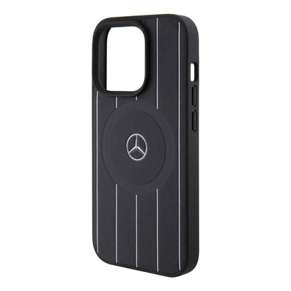 iPhone 15 Pro Kılıf Mercedes Benz Orjinal Lisanslı M-safe Şarj Özellikli Baskı Logolu Paralel Çizgi Desenli Deri Kapak