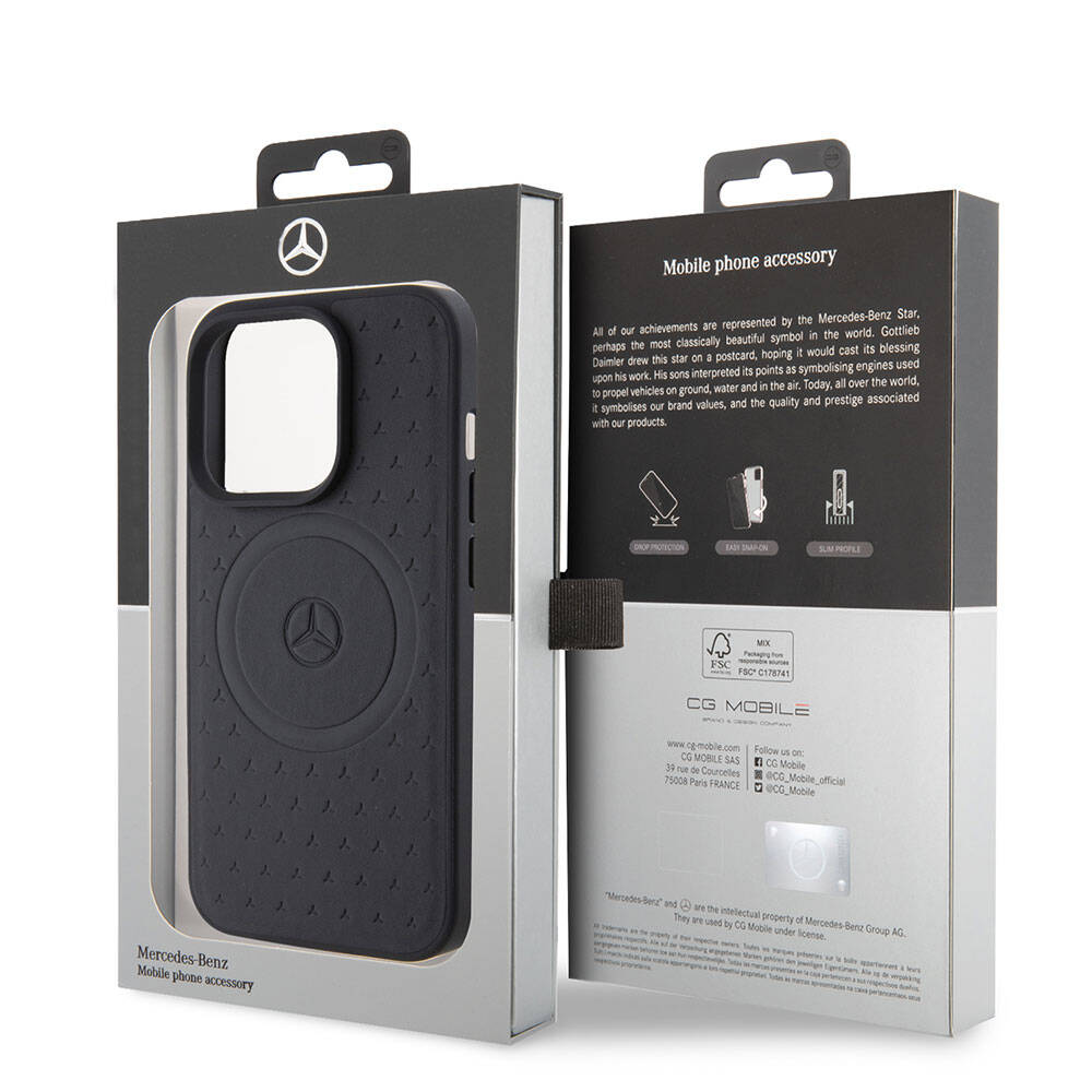 iPhone 15 Pro Kılıf Mercedes Benz Orjinal Lisanslı M-safe Şarj Özellikli Mühürlü Yıldız Desenli ve Logolu Deri Kapak