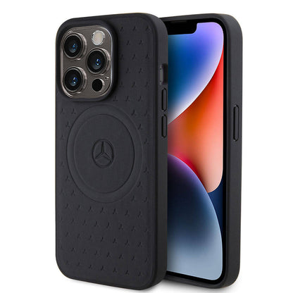 iPhone 15 Pro Kılıf Mercedes Benz Orjinal Lisanslı M-safe Şarj Özellikli Mühürlü Yıldız Desenli ve Logolu Deri Kapak