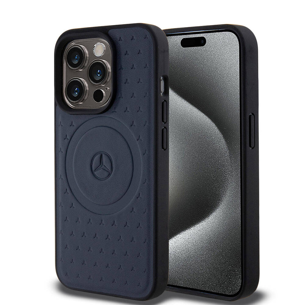 iPhone 15 Pro Kılıf Mercedes Benz Orjinal Lisanslı M-safe Şarj Özellikli Mühürlü Yıldız Desenli ve Logolu Deri Kapak