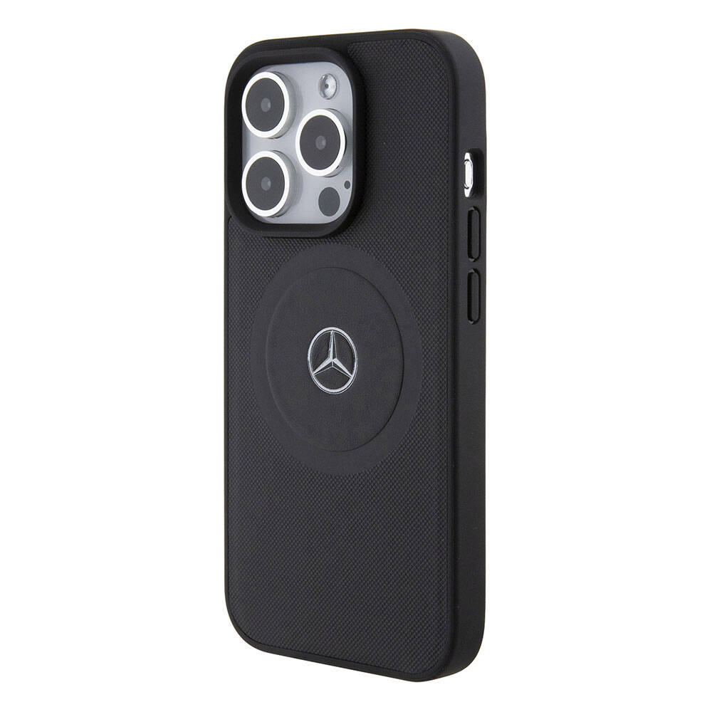 iPhone 15 Pro Kılıf Mercedes Benz Orjinal Lisanslı M-safe Şarj Özellikli Pike Desenli Baskı Logolu Deri Kapak