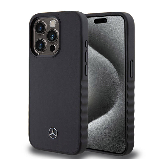 iPhone 15 Pro Kılıf Mercedes Benz Orjinal Lisanslı Tırtıklı Kenar Tasarımlı Metal Yıldız Logolu Pürüzsüz Hakiki Deri Kapak