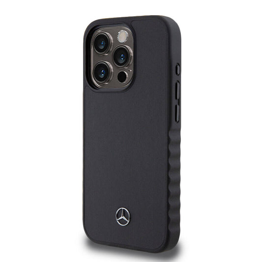 iPhone 15 Pro Kılıf Mercedes Benz Orjinal Lisanslı Tırtıklı Kenar Tasarımlı Metal Yıldız Logolu Pürüzsüz Hakiki Deri Kapak