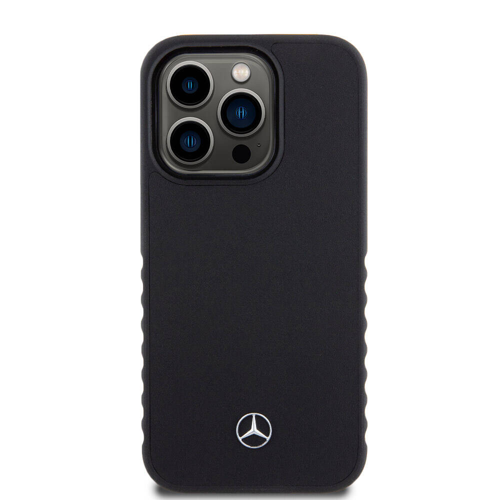 iPhone 15 Pro Kılıf Mercedes Benz Orjinal Lisanslı Tırtıklı Kenar Tasarımlı Metal Yıldız Logolu Pürüzsüz Hakiki Deri Kapak