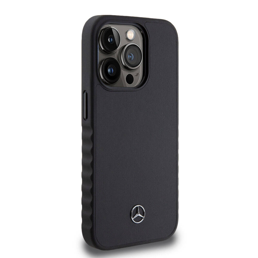 iPhone 15 Pro Kılıf Mercedes Benz Orjinal Lisanslı Tırtıklı Kenar Tasarımlı Metal Yıldız Logolu Pürüzsüz Hakiki Deri Kapak