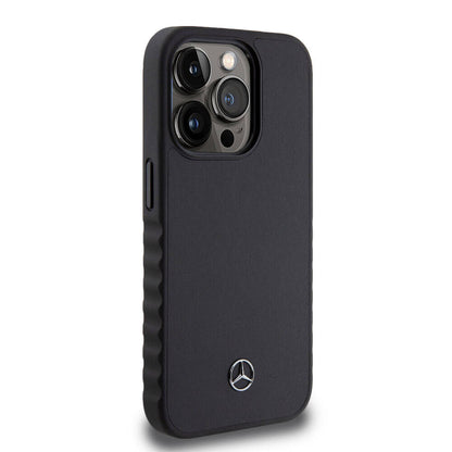 iPhone 15 Pro Kılıf Mercedes Benz Orjinal Lisanslı Tırtıklı Kenar Tasarımlı Metal Yıldız Logolu Pürüzsüz Hakiki Deri Kapak