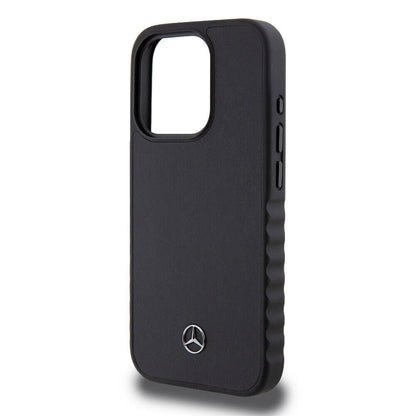 iPhone 15 Pro Kılıf Mercedes Benz Orjinal Lisanslı Tırtıklı Kenar Tasarımlı Metal Yıldız Logolu Pürüzsüz Hakiki Deri Kapak