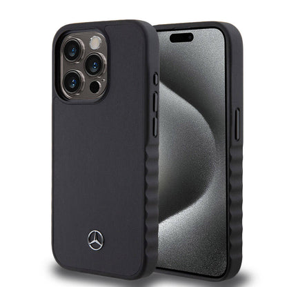 iPhone 15 Pro Kılıf Mercedes Benz Orjinal Lisanslı Tırtıklı Kenar Tasarımlı Metal Yıldız Logolu Pürüzsüz Hakiki Deri Kapak