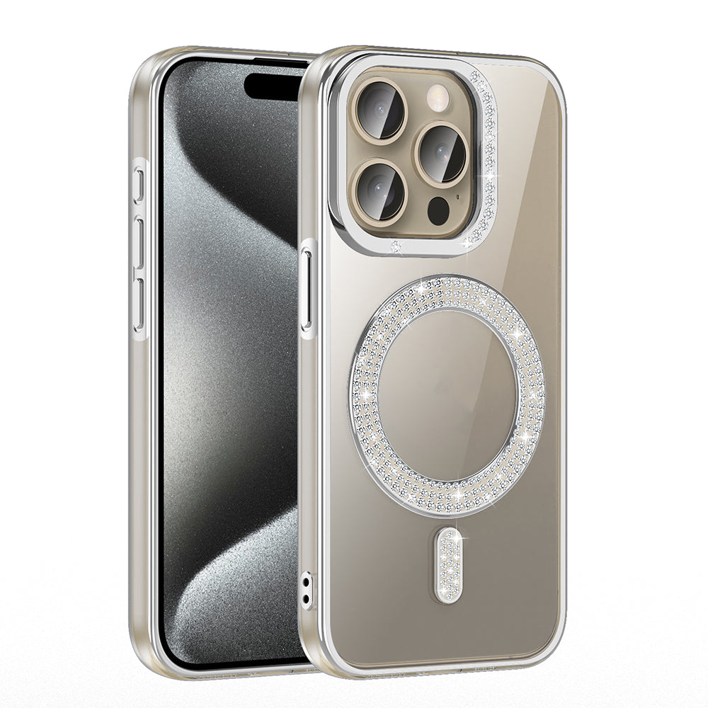 Apple iPhone 15 Pro Kılıf Pırlanta Taş Tasarımlı M-safe Şarj Özellikli Zore Karetta Silikon Kapak